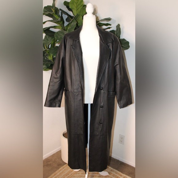 VINTAGE 80s 90s Savannah Black Genuine Leather Long Trench Coat Jacket - Picture 3 of 13